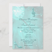 ティール(緑がかった色)ディスコボールとスパークルヒール甘い16 招待状 (裏面)