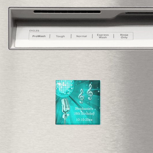 ティール（緑がかった色）ディスコボール及びレトロマイク18誕生日 マグネット (インサイチュ (食洗機))