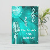 ティール(緑がかった色)ディスコボール及びレトロマイク50誕生日 招待状 (スタンド正面)