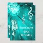 ティール(緑がかった色)ディスコボール及びレトロマイク50誕生日 招待状 (正面/裏面)