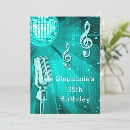 ティール（緑がかった色）ディスコボール及びレトロマイク55誕生日 招待状 (スタンド正面)