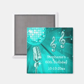 ティール（緑がかった色）ディスコボール及びレトロマイク60誕生日 マグネット (正面/裏面)