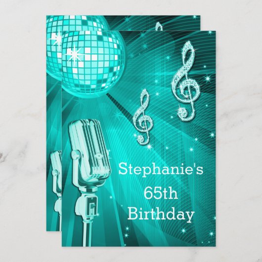 ティール（緑がかった色）ディスコボール及びレトロマイク65誕生日 招待状 (正面/裏面)