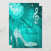 ティール(緑がかった色)ディスコボール&スパークルヒールブライダルシャワー 招待状 (正面/裏面)
