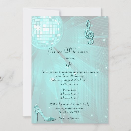 ティール(緑がかった色)ディスコボール&スパークルヒール18誕生日 招待状 (裏面)
