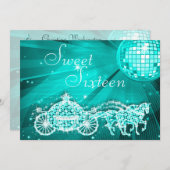 ティール(緑がかった色)ディスコボール、プリンセスコーチ&ウマズスウィート16 招待状 (正面/裏面)