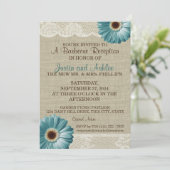 ティール(緑がかった色)デイジーとバーラップBBQウェディングレセプション 招待状 (スタンド正面)