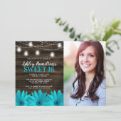 ティール(緑がかった色)デイジー素朴のメイソンのジャーライトスイート16フォト 招待状 (スタンド正面)