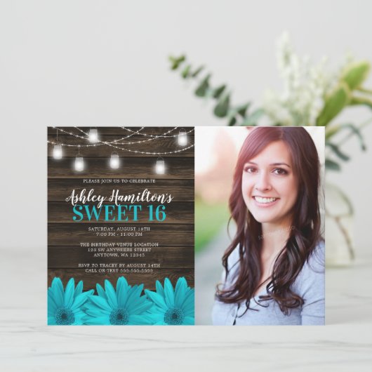 ティール（緑がかった色）デイジー素朴のメイソンのジャーライトスイート16フォト 招待状 (スタンド正面)