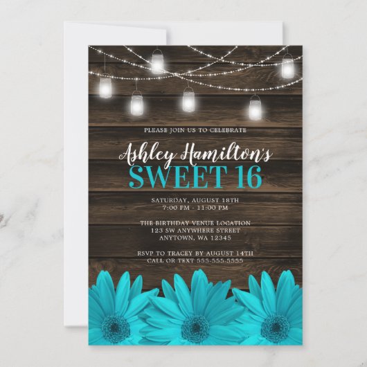 ティール（緑がかった色）デイジー素朴のメイソンのジャーライトスイート16 招待状 (正面)