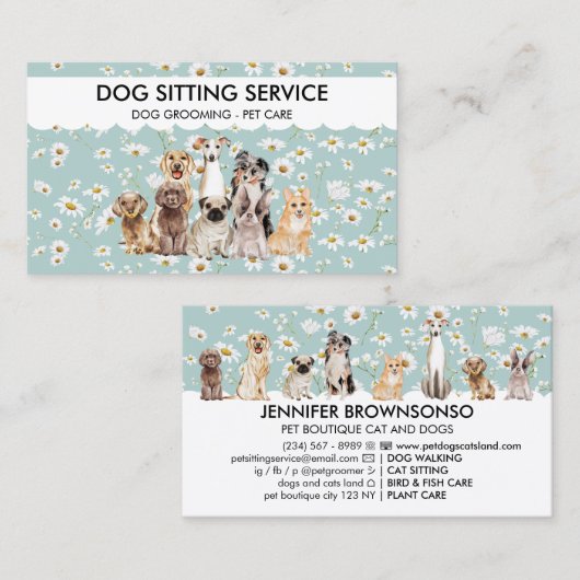 ティール（緑がかった色）デイジー花水彩犬 名刺 (正面/裏面)