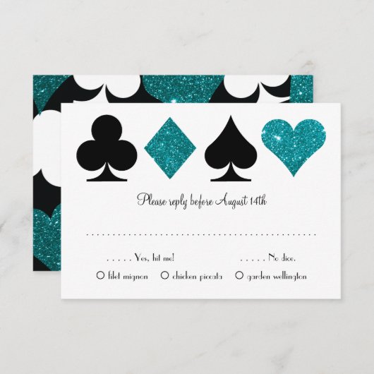 ティール(緑がかった色)デスティニーベガスウェディングRSVPと食事の選択 エンクロージャーカード (正面/裏面)
