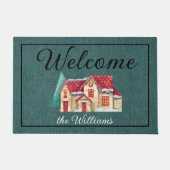 ティール(緑がかった色)デニムプリントウィンター24x36へようこそ ドアマット (正面)