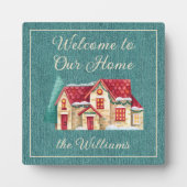 ティール（緑がかった色）デニムプリントホリデイウェルカムプラーク5.25-in Sq フォトプラーク (正面)