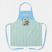 ティール（緑がかった色）トップとクリームストライプフローラ エプロン (正面)