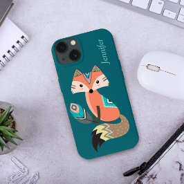 ティール（緑がかった色）トバルキツネと羽毛 iPhone 13ケース