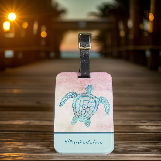 ティール(緑がかった色)トライバルタートルオンパステルサンセットウォーターカラー ラゲッジタグ