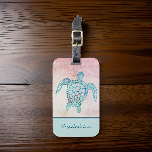 ティール(緑がかった色)トライバルタートルオンパステルサンセットウォーターカラー ラゲッジタグ