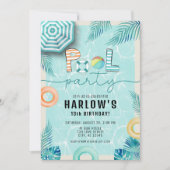 ティール(緑がかった色)トロピカルサマーおもしろいプールパーティー誕生日 招待状 (正面)