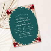 ティール（緑がかった色）トロピカルバラ秋結婚式招待状 招待状