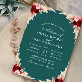 ティール（緑がかった色）トロピカルバラ秋結婚式招待状 招待状