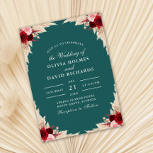 ティール（緑がかった色）トロピカルバラ秋結婚式招待状