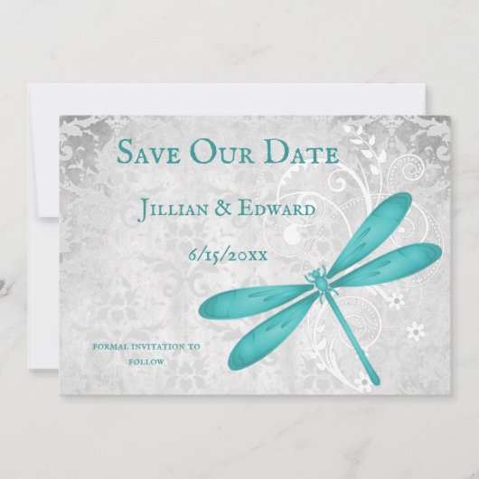 ティール(緑がかった色)トンフライ日付を保存 案内状 (正面)