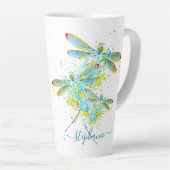 ティール(緑がかった色)トンフライ(ばちゃばちゃ)跳ねる パーソナライズされた カフェラテマグ (右アングル)