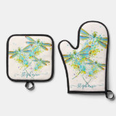 ティール(緑がかった色)トンフライ(ばちゃばちゃ)跳ねる パーソナライズされた 鍋つかみ&鍋敷きセット (正面)