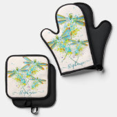 ティール(緑がかった色)トンフライ(ばちゃばちゃ)跳ねる パーソナライズされた 鍋つかみ&鍋敷きセット (正面/裏面)