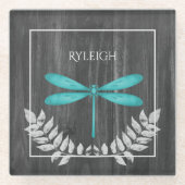 ティール(緑がかった色)トンボ素朴イパーソナライズされたガラスのコースター ガラスコースター (正面)