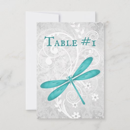 ティール（緑がかった色）トンボ結婚式レセプションテーブルカード 招待状 (裏面)