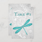 ティール(緑がかった色)トンボ結婚式レセプションテーブルカード 招待状 (正面/裏面)