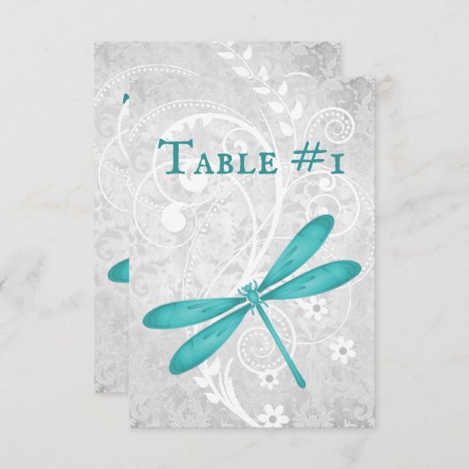 ティール（緑がかった色）トンボ結婚式レセプションテーブルカード 招待状 (正面/裏面)