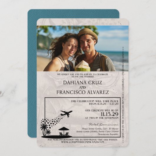 ティール(緑がかった色)ドミニカ共和国パスポ結婚ート 招待状 (正面/裏面)