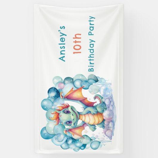 ティール（緑がかった色）ドラゴンとバルーンアーチ誕生日パーティー 横断幕 (縦)