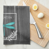 ティール（緑がかった色）ドラゴンフライ素朴キッチンタオル キッチンタオル (四つ折り)