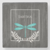 ティール(緑がかった色)ドラゴンフライ素朴パーソナライズされたストーンコースター ストーンコースター (正面)