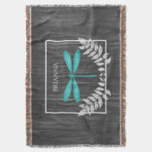 ティール（緑がかった色）ドラゴンフライ素朴パーソナライズされたブランケット スローブランケット (正面縦)