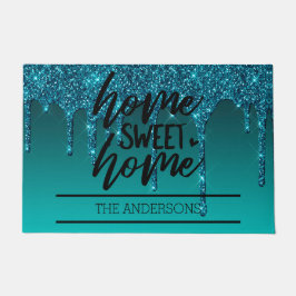 ティール（緑がかった色）ドリッピンググリッターファミリーホームスイートホーム ドアマット