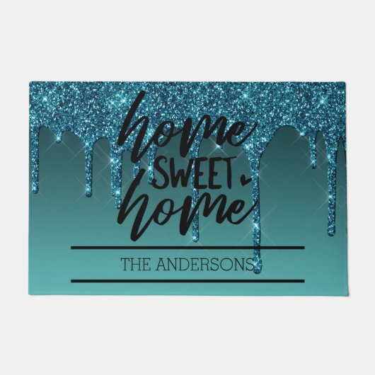 ティール（緑がかった色）ドリッピンググリッターファミリーホームスイートホーム ドアマット (正面)