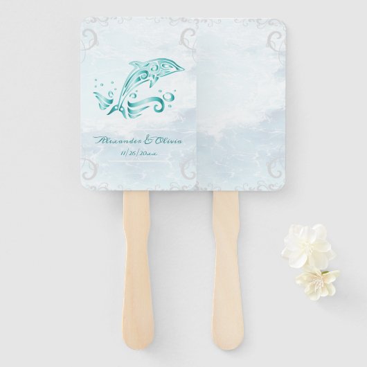 ティール（緑がかった色）ドルフィン結婚式の引き出物ハンドファン ハンドファン (正面&裏面)