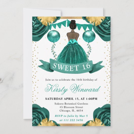 ティール（緑がかった色）ドレスダークスキンプリンセススウィート16 招待状 (正面)