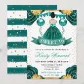 ティール（緑がかった色）ドレスブルネットヘアプリンセススウィート16 招待状 (正面/裏面)