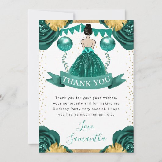 ティール（緑がかった色）ドレスブルネットヘアプリンセス誕生日 サンキューカード (正面)
