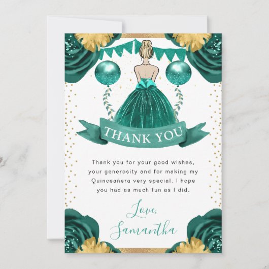 ティール（緑がかった色）ドレスブロンドヘアプリンセスキンセアニェラ サンキューカード (正面)