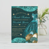 ティール(緑がかった色)ドレス&金ゴールドグリッターバルーンスイート16 招待状 (スタンド正面)