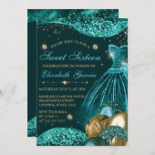 ティール(緑がかった色)ドレス&金ゴールドグリッターバルーンスイート16 招待状 (正面/裏面)