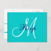 ティール（緑がかった色）ネイビーシンプルブルーモノグラムウェディングRSVP インビテーションポストカード (正面/裏面)