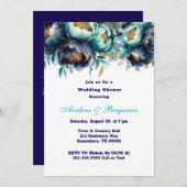 ティール（緑がかった色）ネイビーブルーウォーターカラー牡丹ウェディングシャワー 招待状 (正面/裏面)